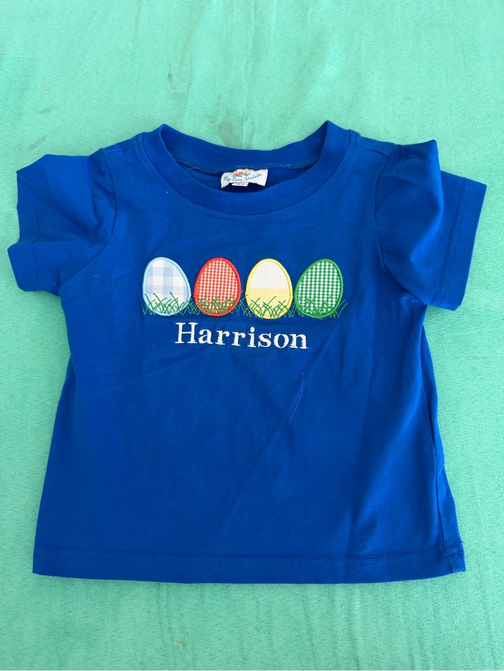 Royal Blue Short-Sleeve Kids Tee with Colorful Egg Appliqués - Personalized
